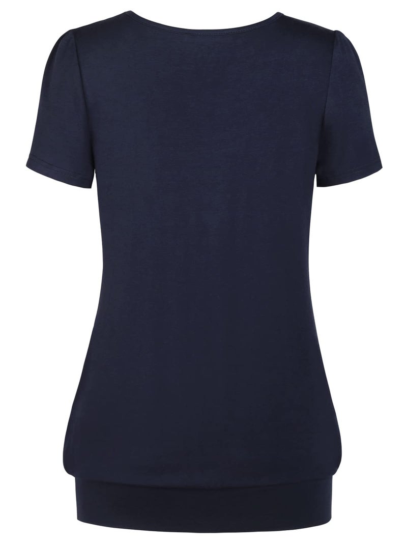 DJT Women's Short Sleeve Summer Tops Scoop Neck Pleated Front Casual Tee T Shirt X-Large Navy - Image 2